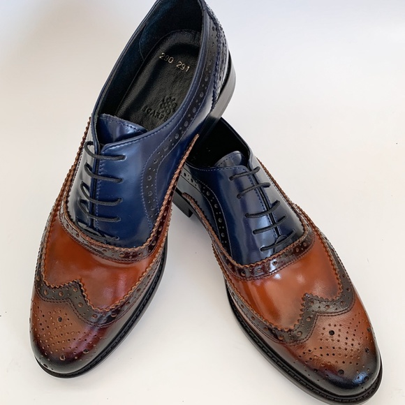 Brown-Navy Blue Wingtip Oxford Dress Shoe - Leather Sole